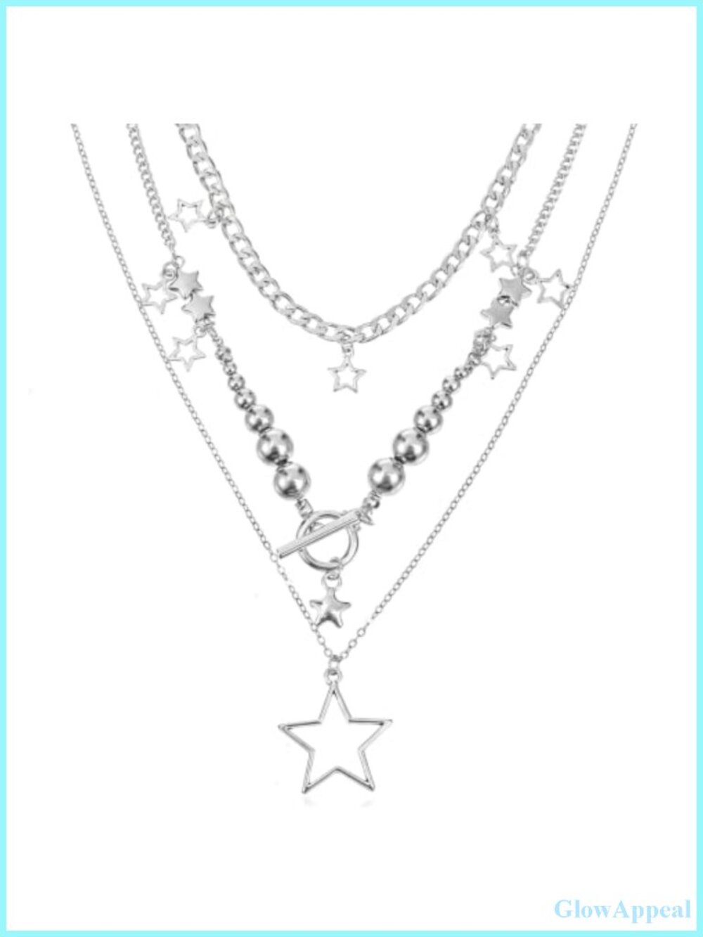 Silver Layered Star Necklace Y2K Grunge Alloy 3-Strand Chain